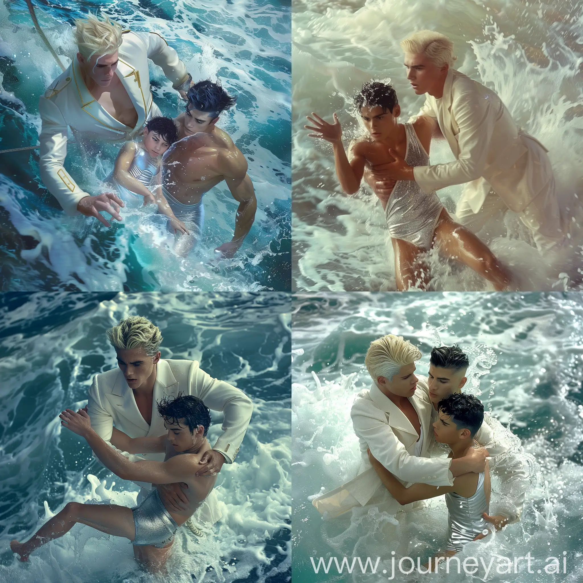 in a wild sea a strong young male sailor in white suit and blond hair protects a strong young male in tiny silver swimsuit with black hair 