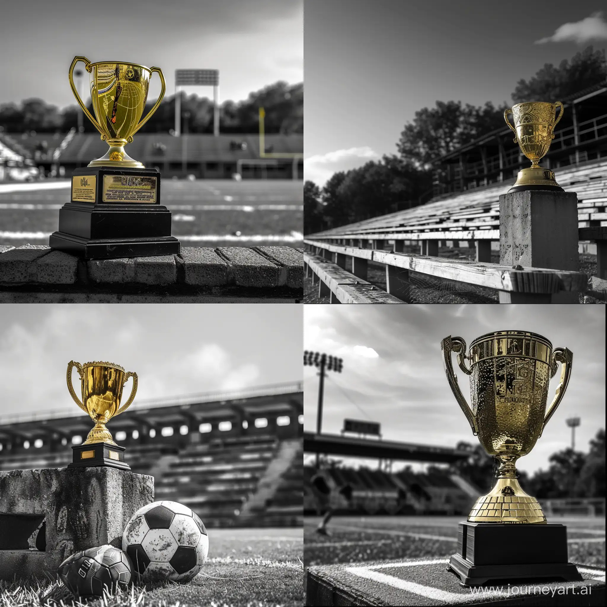 dramatic old school football stadium with gold trophy on it, use black and white colour