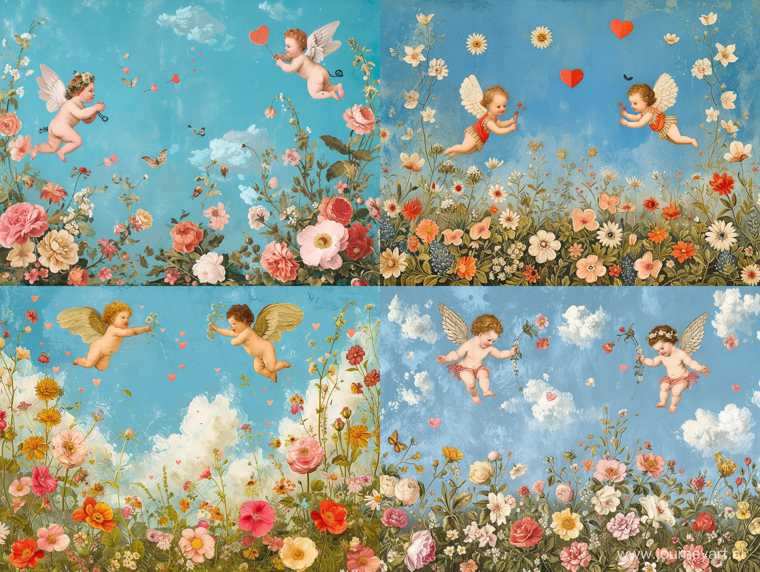ornamental postcard, with floral variations, flower meadow on a blue sky background,two cupids flying around, hearts, love, ornamental, romantic style, decorative, oil painting, Renaissance, ink, light colors, James Christensen style