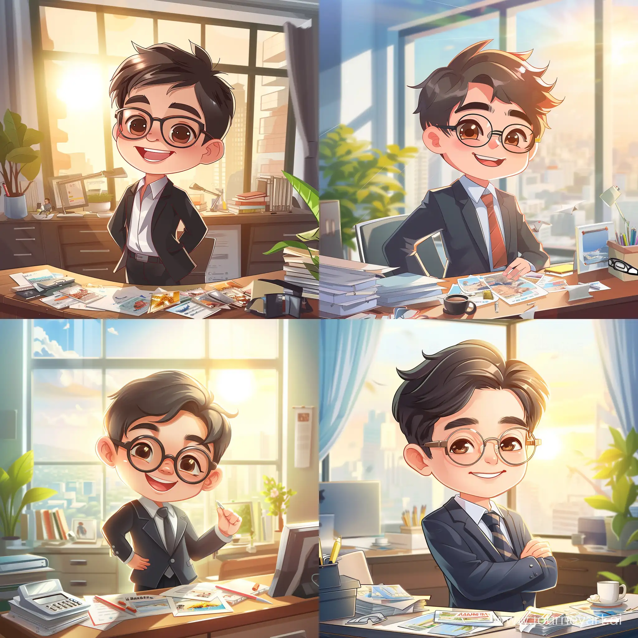 prompt: a young Chinese office boy,fat, last day at work, cheerful expression, stylish business attire, modern office, desk cluttered with vacation plans, sunny window, soft lighting, vibrant spring colors, cartoon style, suitable for avatar
