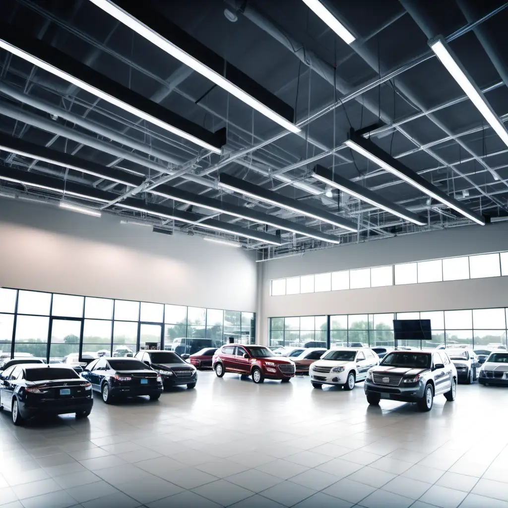 Car dealership with a video screen on the back wall in focus, high key lighting, lots of windows, industrial ceiling
