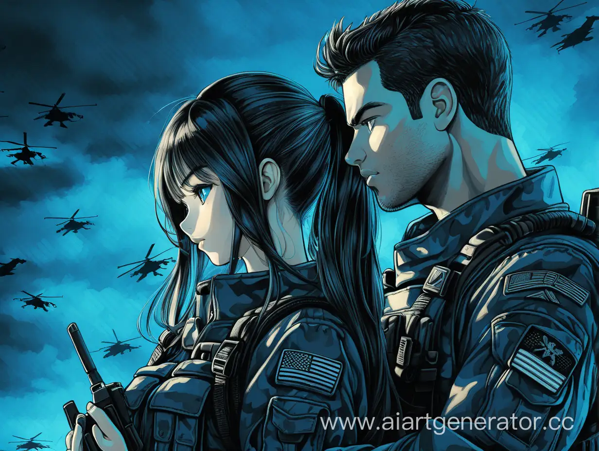 заставка в стиле военных, цвет черно-синий, парень с девушкой