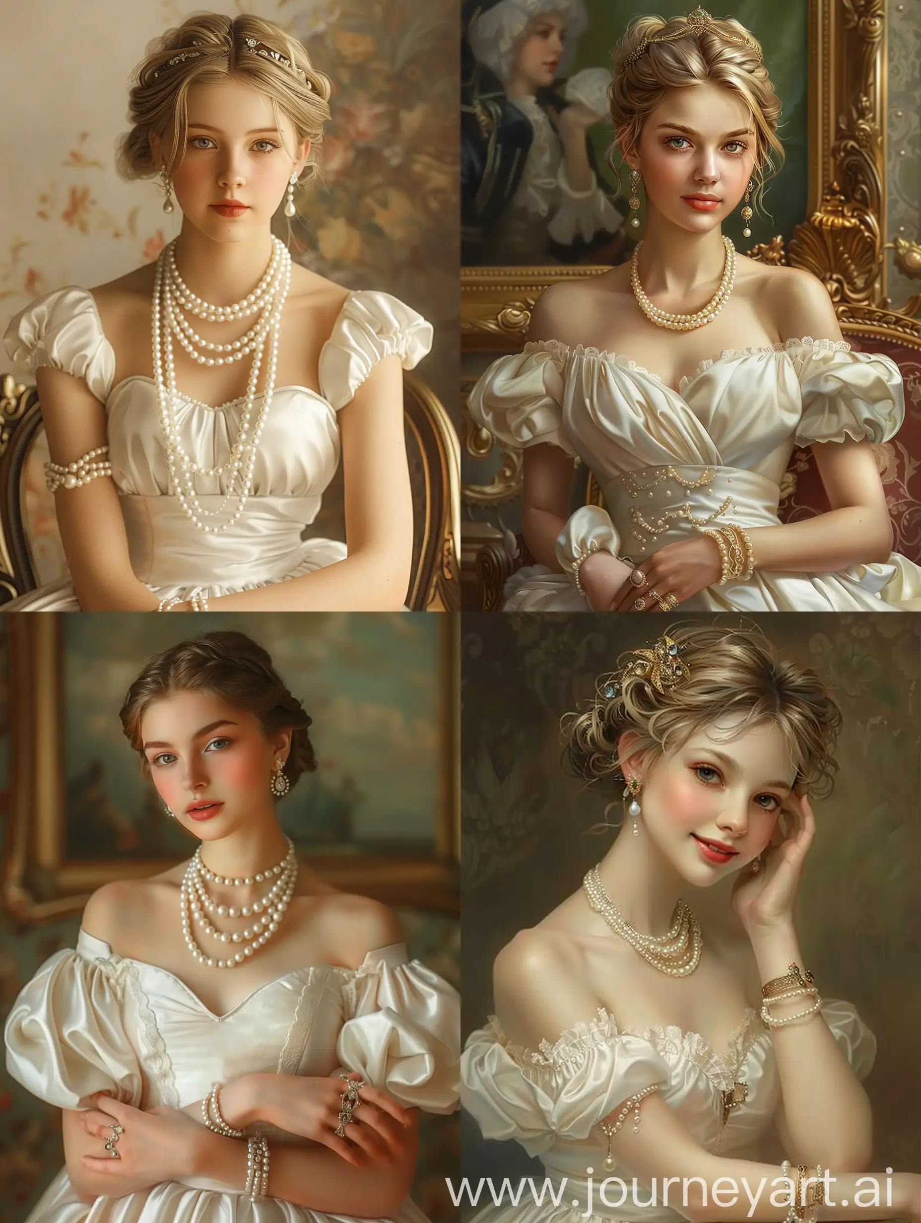 穿着轻薄的白色丝绸连衣裙，戴着珍珠项链，耳环，手链的欧洲贵族少女，白皙的皮肤，美丽的面容，油画风格