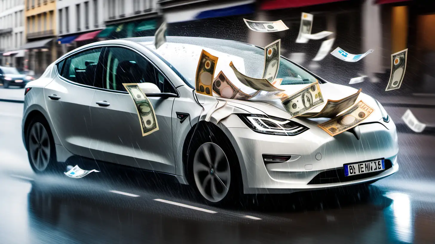 A electric car speeding on the road with a rain of European currency bills
