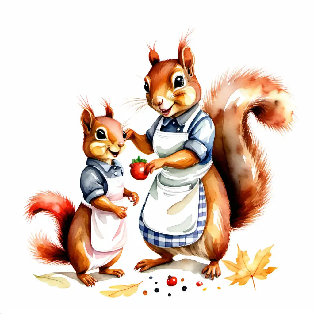 Charming Watercolor Scene Mother Squirrel and Child in Aprons on White Background