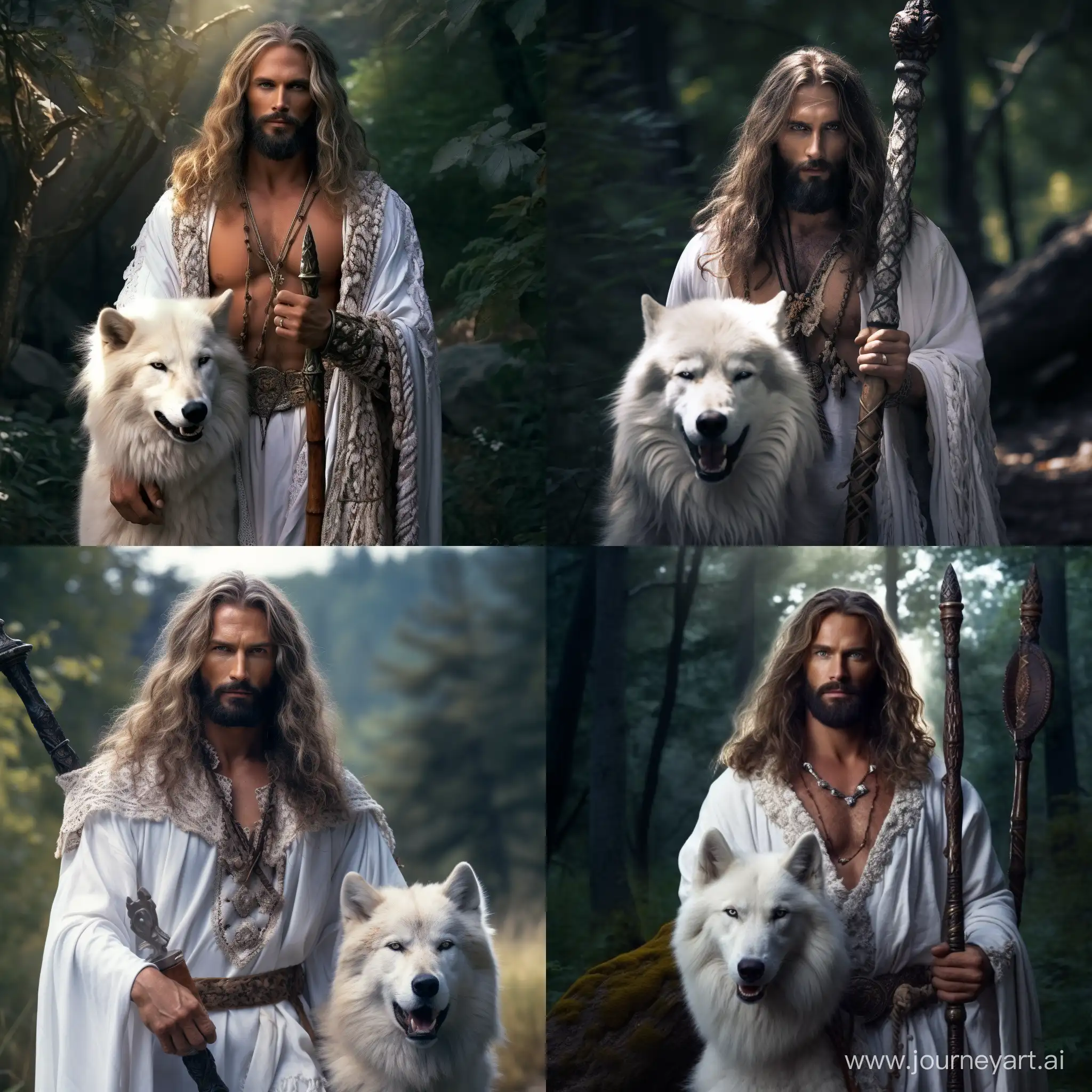 мужчина славянской внешности, очень длинная борода,длинные волосы,глаза тёмно-голубого цвета,в руке держит посох с головой волка,одет в белую одежду, необычнве украшения на рукавах,на заднем фоне летняя природа,реалистично, 4K