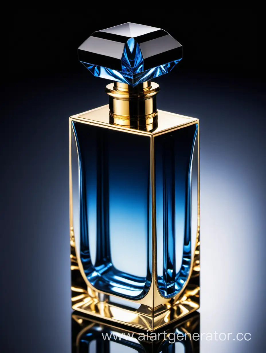 a crystal clear perfume bottle made of blue ,black and gold
transparent