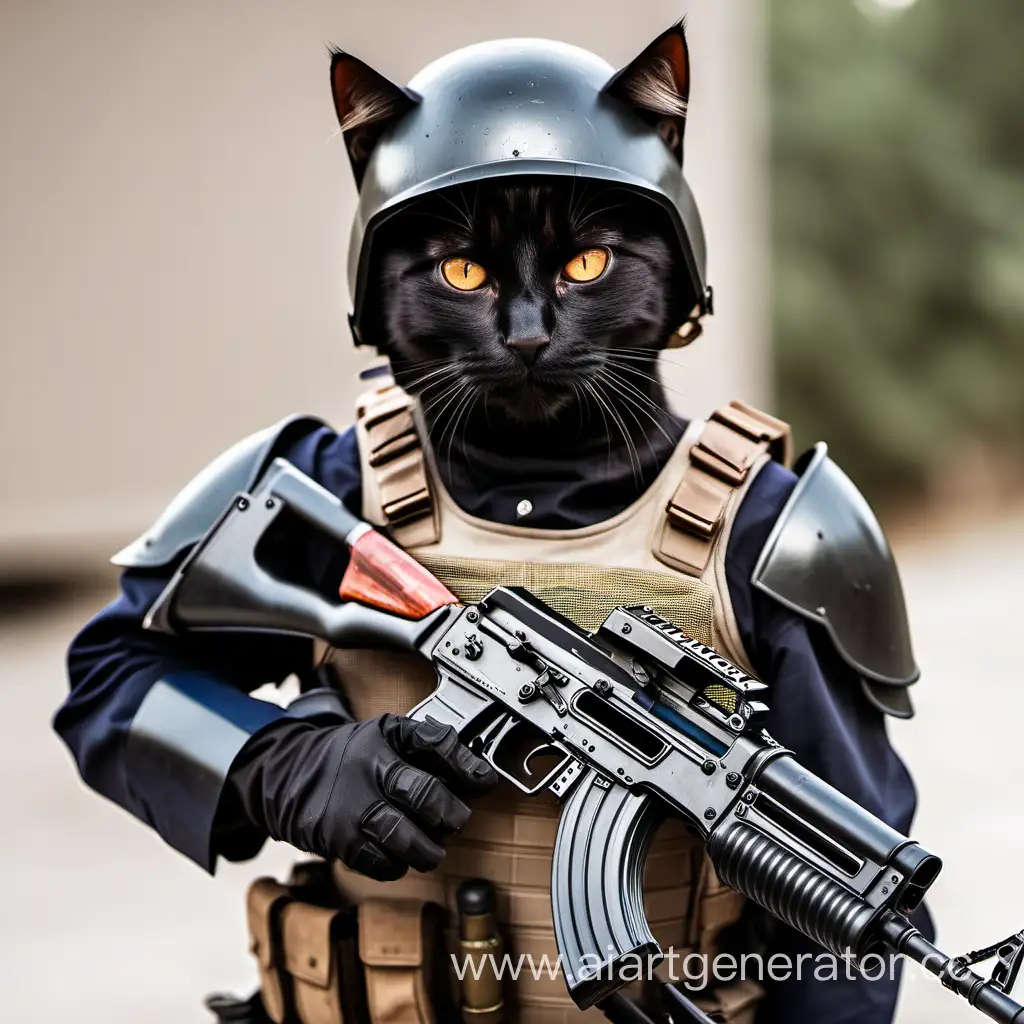 черный кот с карими глазами с автоматом АК 74 в броне и со шлемом