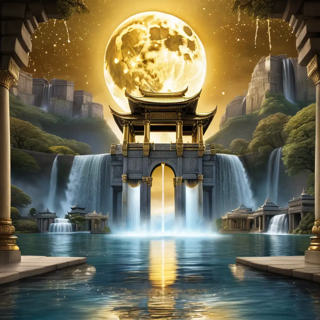A water temple in the background with waterfalls falling down, A golden crescent moon in the center of the sky with water spilling out of it