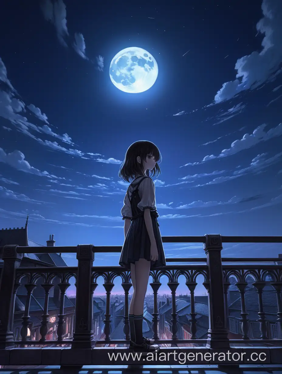нарисуй мне масштабную картинку формата 16:9 в стиле аниме с элементами готики и неона, с девушкой с темными средней длины волосами стоящей на крыше облокатившись об поручень, смотрит на большую луну в небе