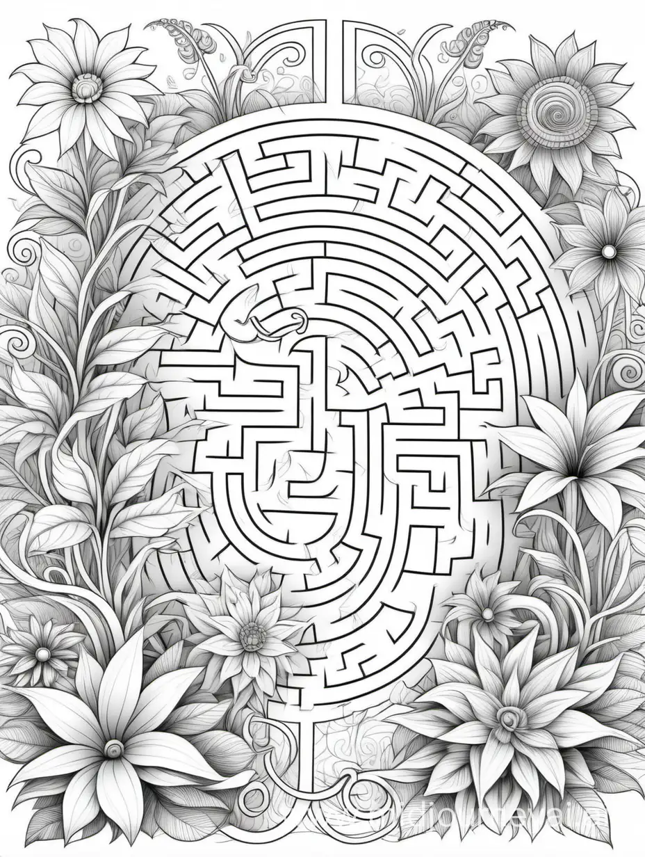 Enchanting Maze of Magical Flowers Adult Coloring Book Illustration
