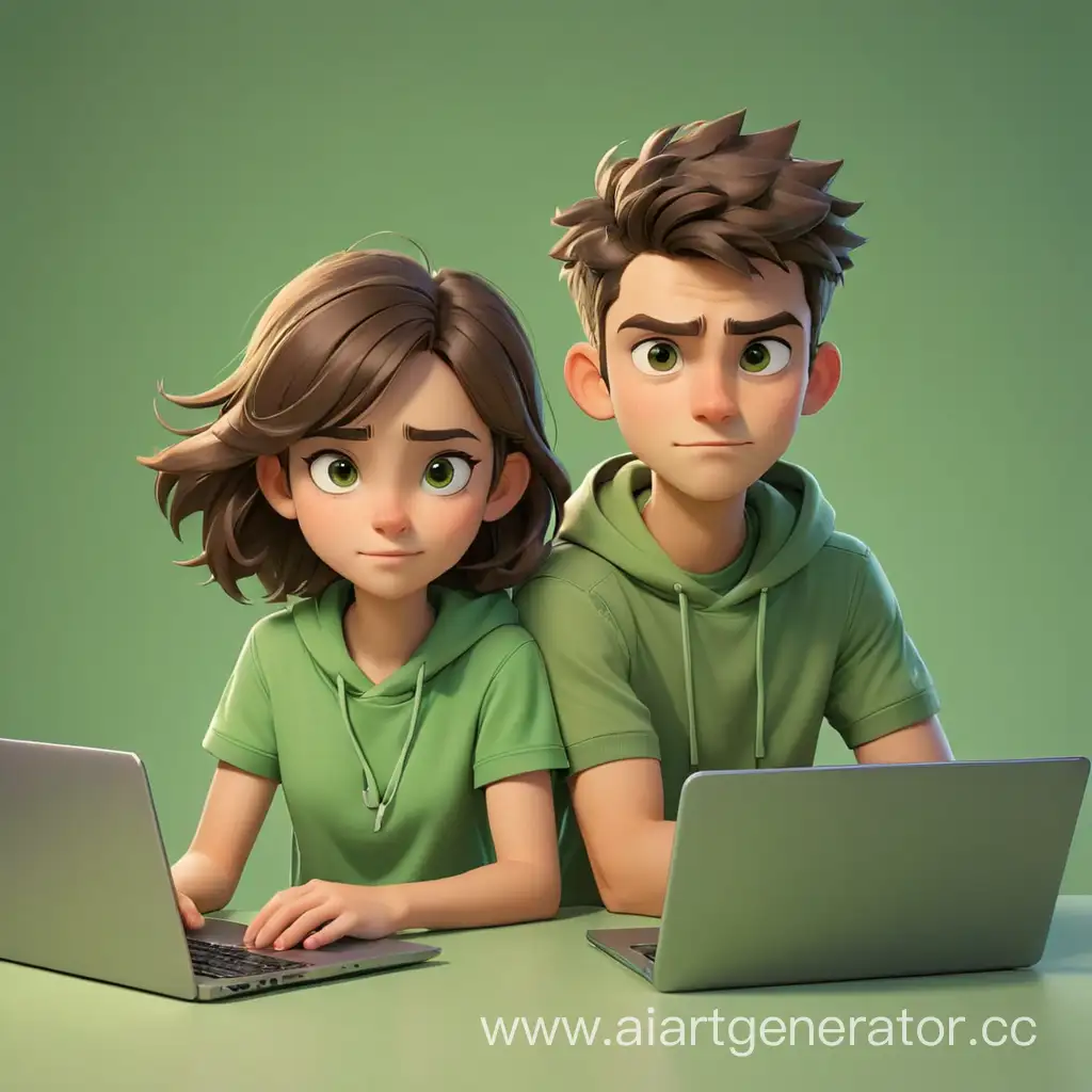 Cartoonish-Freelancer-Siblings-Working-on-Laptops-in-Green-Tones