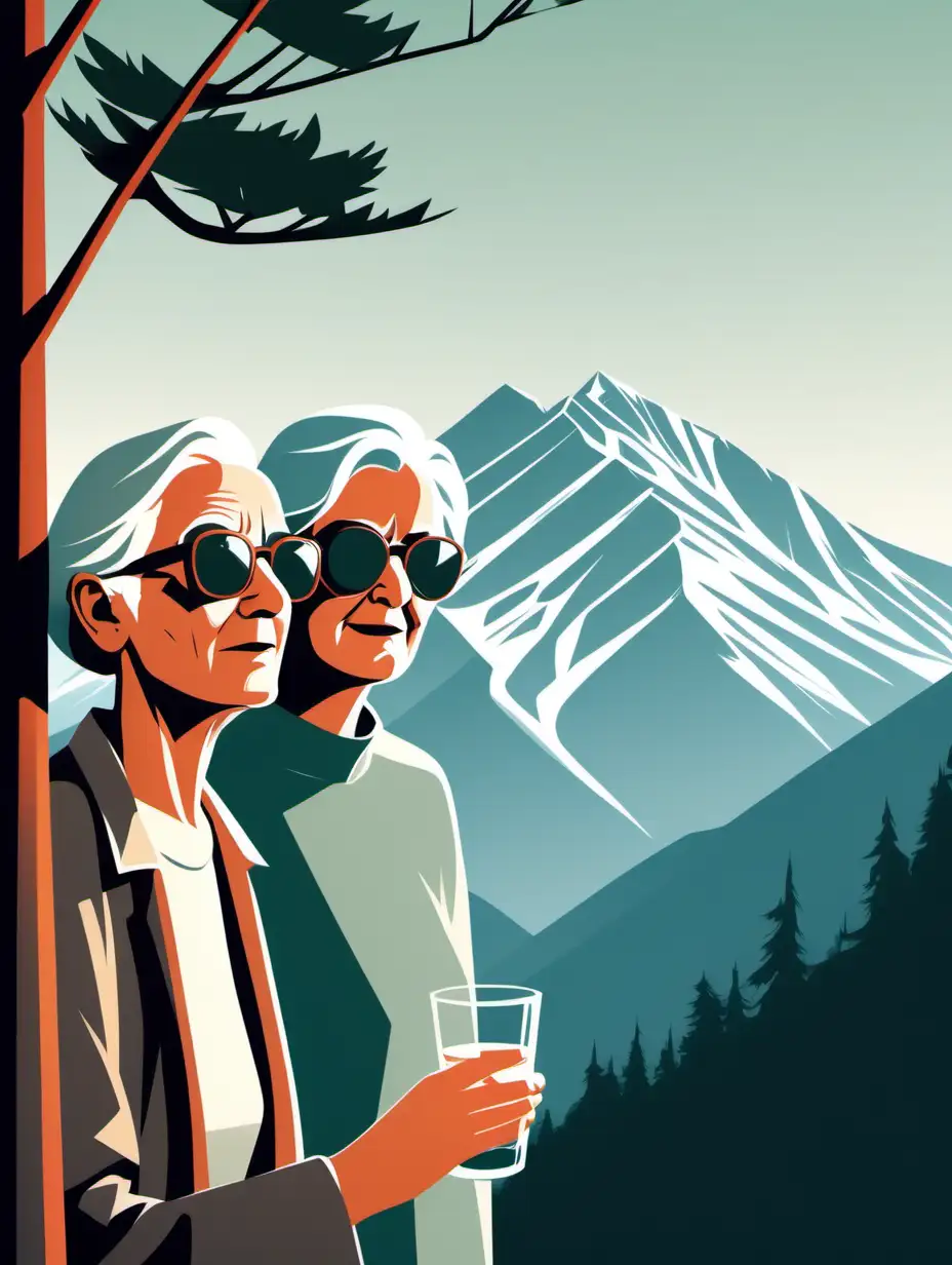 vector Illustration of sunglasses and a glass by a forest tree and an older couple looking on the mountain top, very cool, muted color, european mountains behind