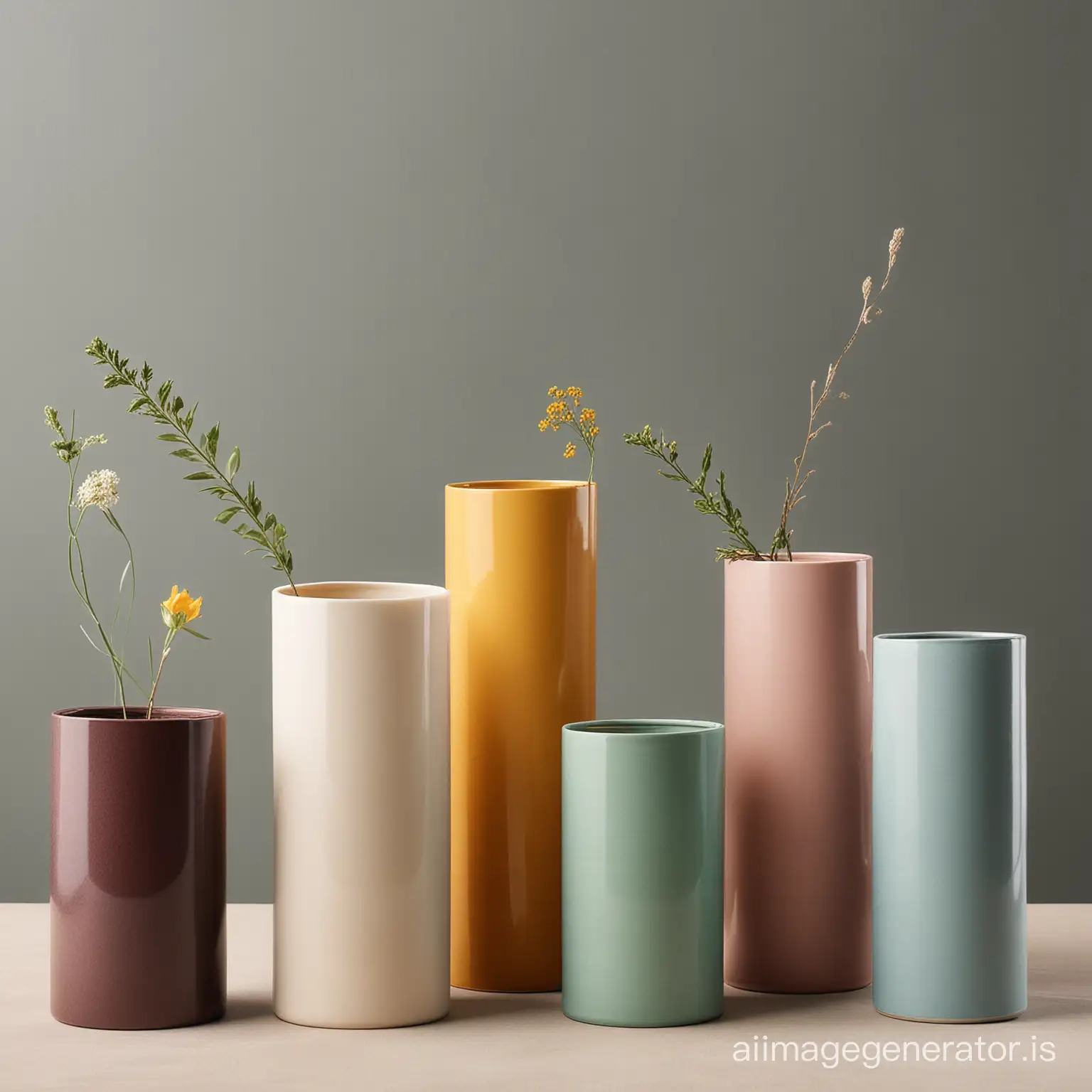 a variety of cylinder vases made of different types of materials and colors