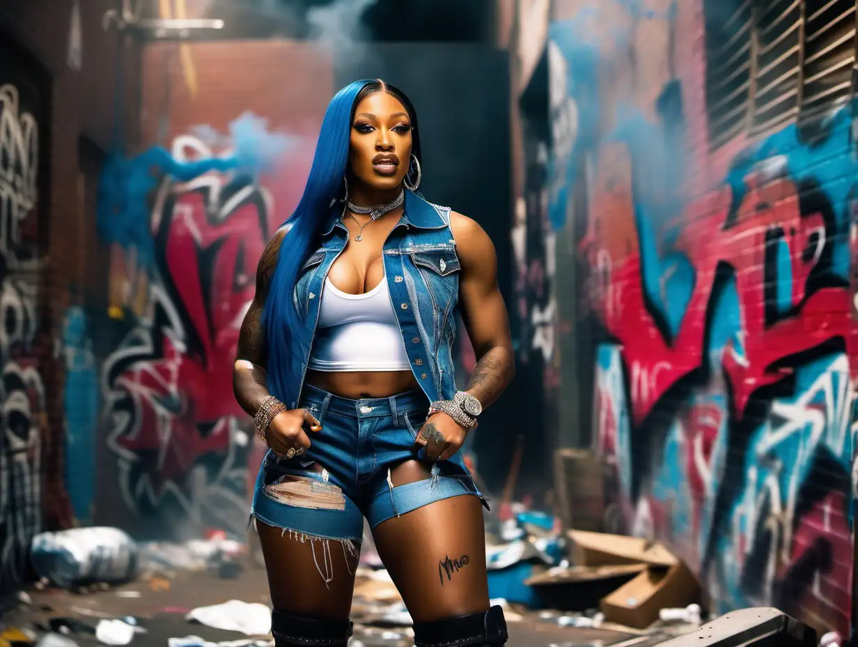 Powerful Muscular Female Singer Pink Flexing Biceps in Urban Graffiti Alley