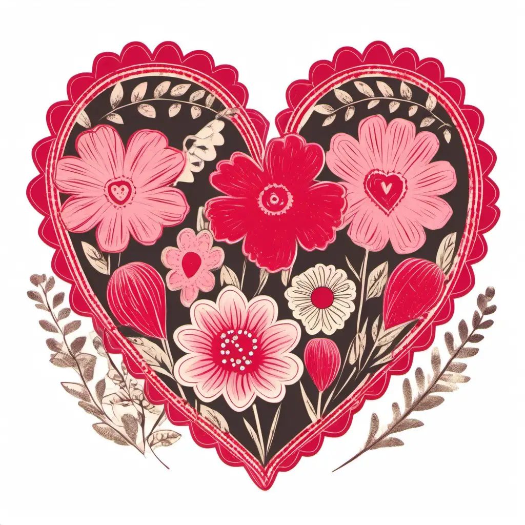 retro vintage red and pink Scalloped  heart clipart with wild flowers inside on white background