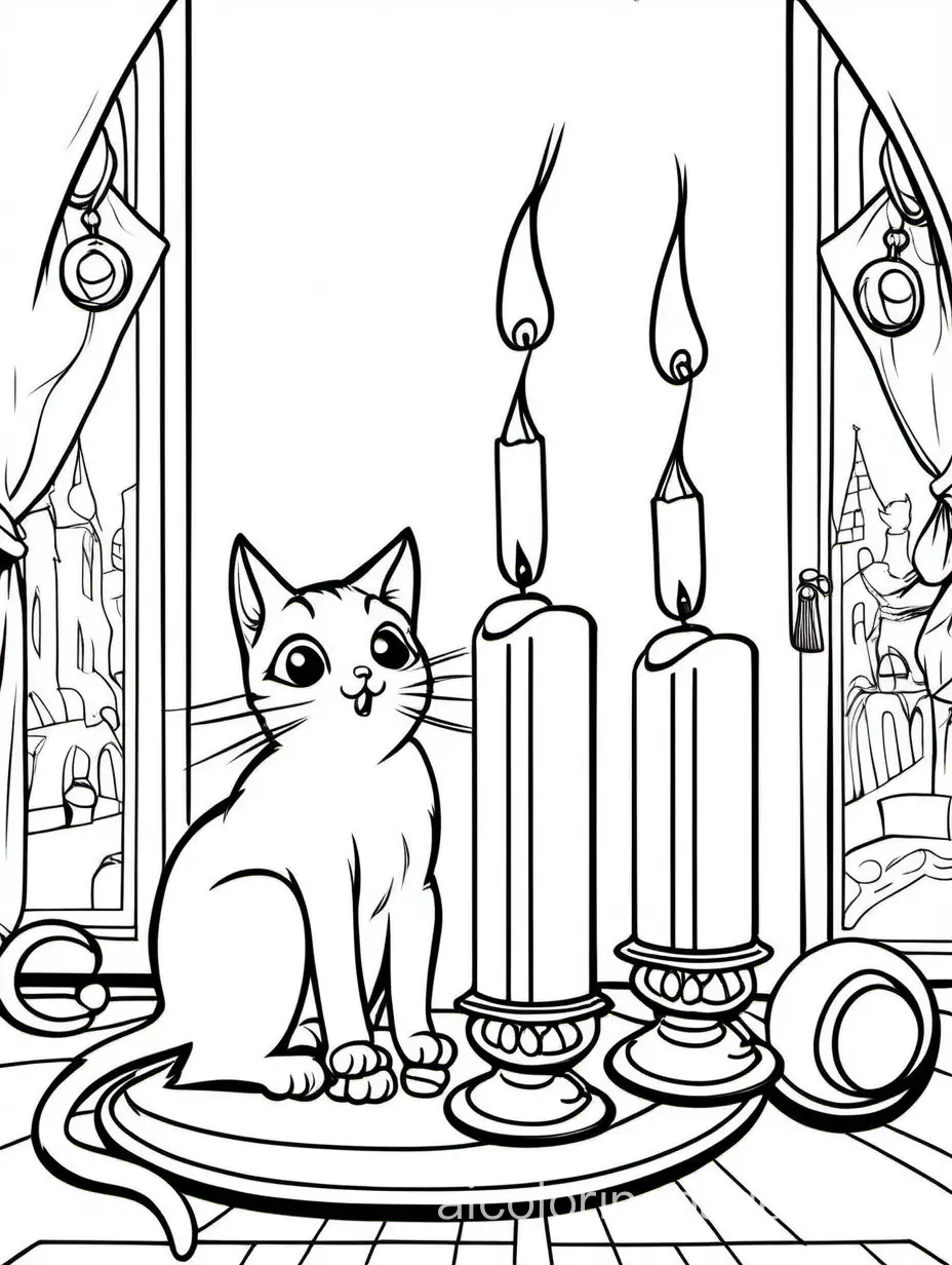 cat hissing next to a candle and a bell, Coloring Page, black and white, line art, white background, Simplicity, Ample White Space. The background of the coloring page is plain white to make it easy for young children to color within the lines. The outlines of all the subjects are easy to distinguish, making it simple for kids to color without too much difficulty