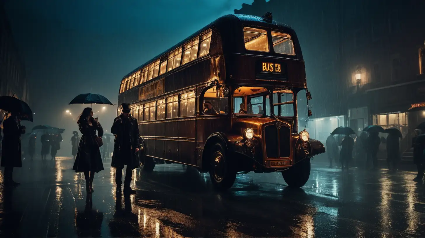 Steampunk, rain, darkness, women, men,
street, soft lights, rain, bus, side, people
