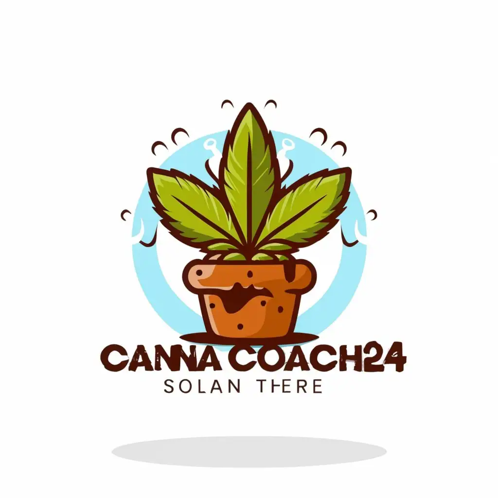 a logo design,with the text "Canna
Coach24
", main symbol:Please add a juicy cannabis plant in its flower with thick, sticky buds in a clay pot. Maybe the top tip of the Plant pops dynamic out a circle line . Background sky with white clouds,complex,clear background