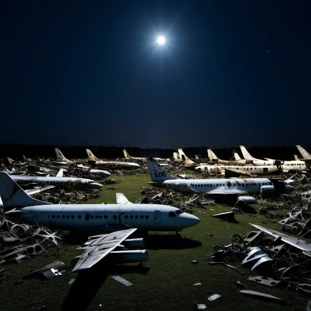Moonlit Aircraft Graveyard with Scattered Vintage Airplane Parts