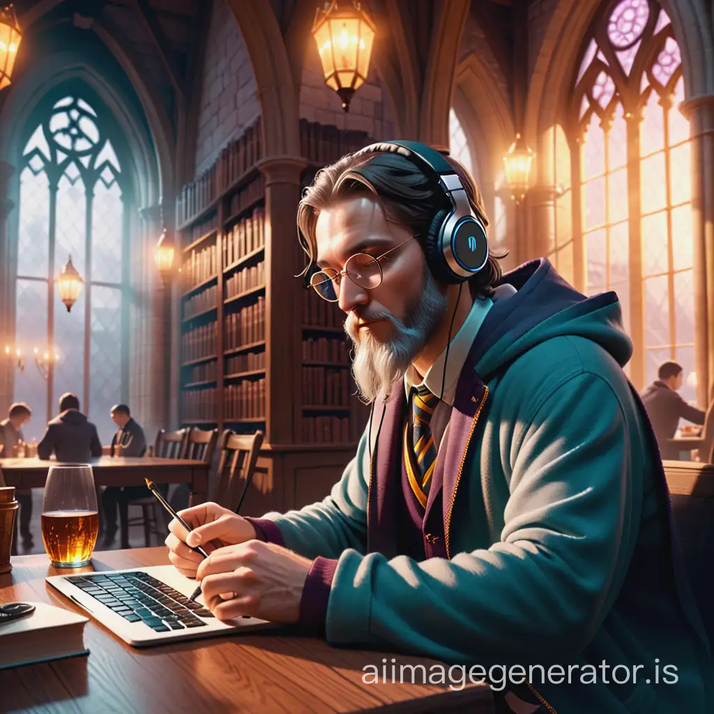 a man sitting at a table with headphones on, digital art, inspired by Mike Winkelmann, analytical art, background hogwarts, dumbledore, 3 d render stylized, in thick layers of rhythms, bass music, absolutely outstanding image
