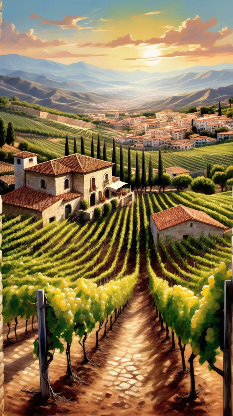 Portray a scenic Spanish vineyard, reflecting the agricultural roots and natural beauty of Spain.

