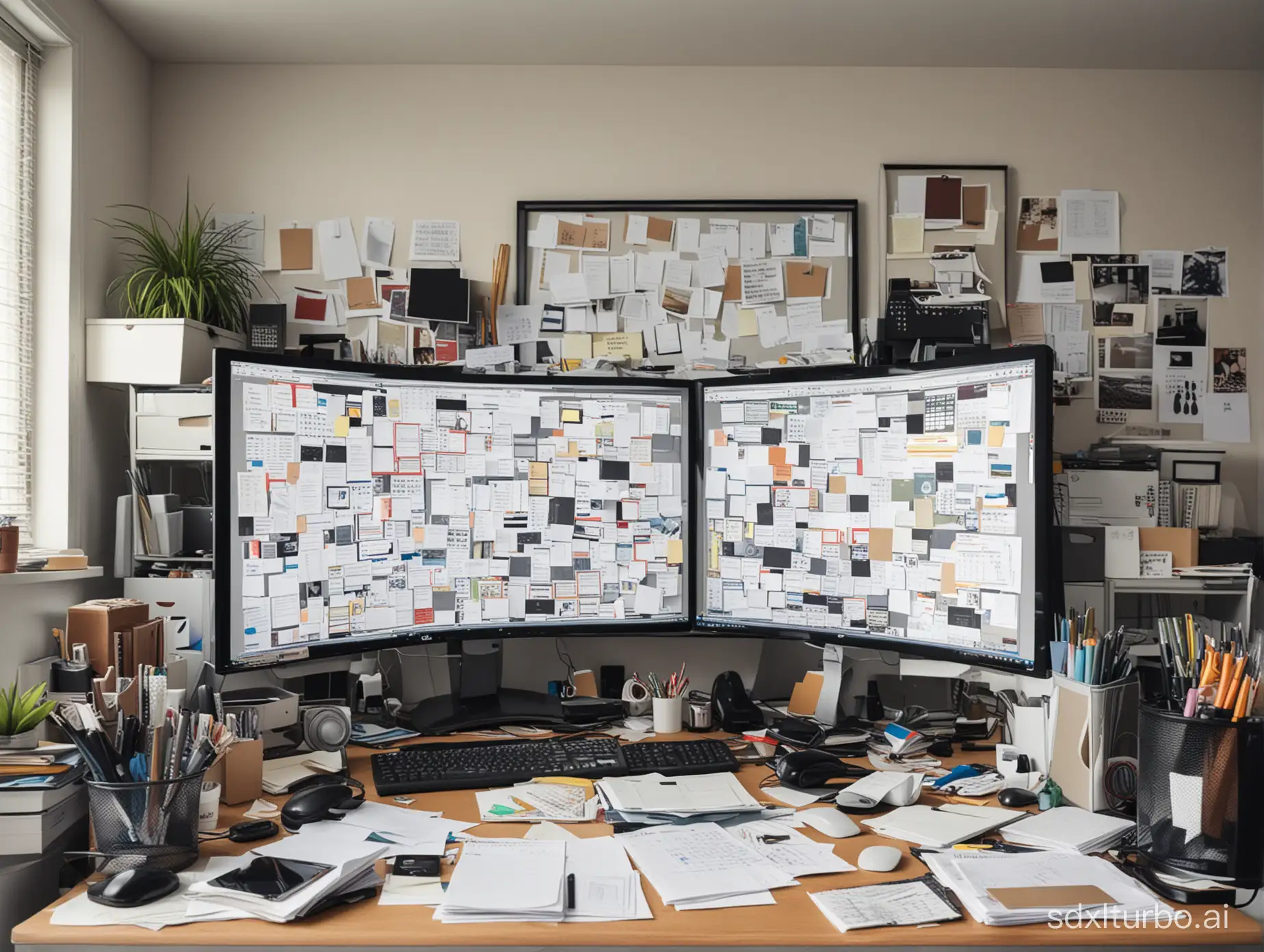 Disorganized office, big monitor in the center, containing many things