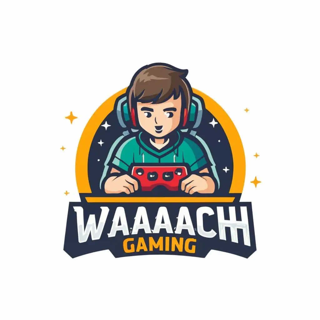 logo, a boy playing game on computer, with the text "Waaach Gaming", typography, be used in Entertainment industry