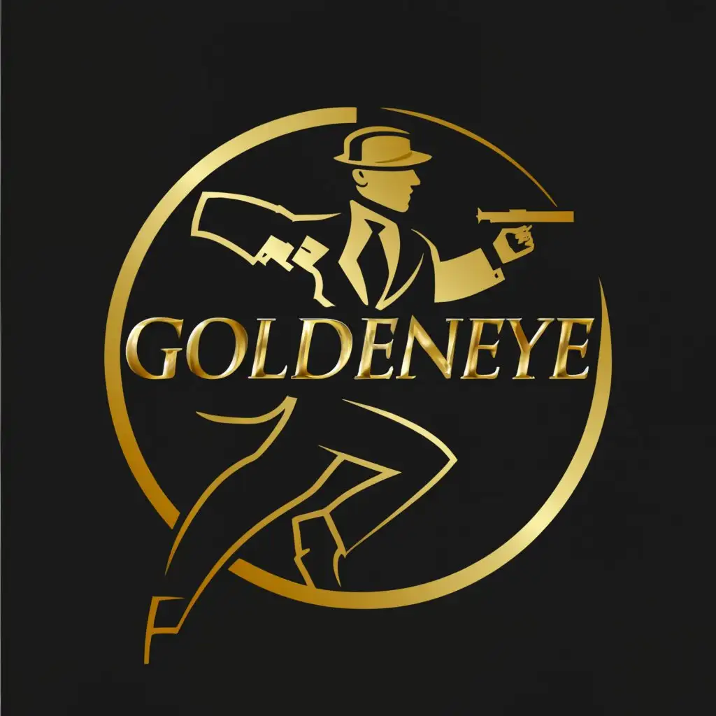 a logo design,with the text 'GOLDENEYE', main symbol:Gold, Round, circle, Man in suit, spy,Moderate,clear background