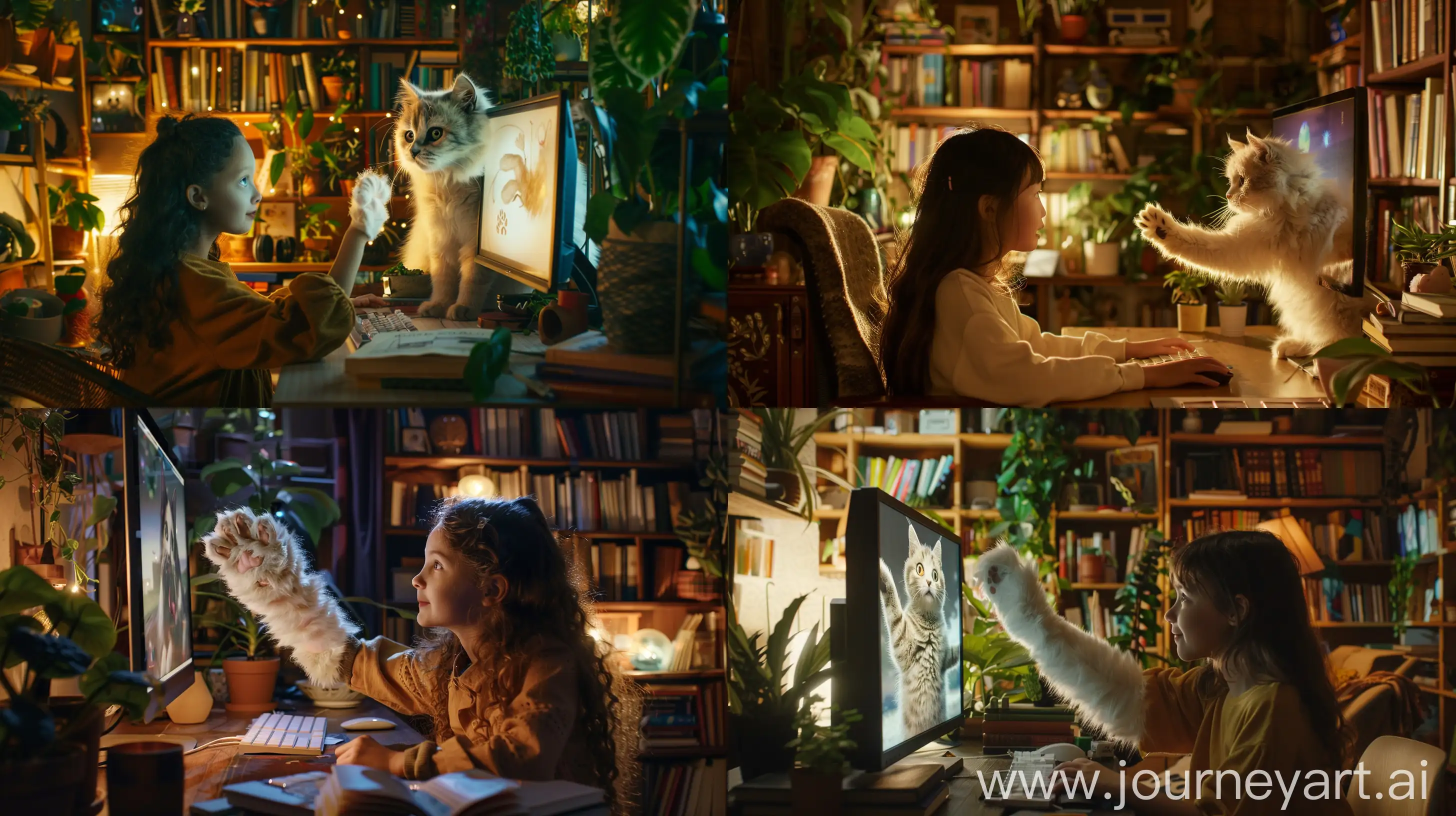 /imagine prompt: A young girl sits in front of her computer in a cozy, dimly lit room filled with books and plants. She is focused on the screen, which illuminates her face with a soft glow. Suddenly, an animated, fluffy cat on the screen becomes lifelike and extends its paw out of the digital frame, waving at her with a friendly gesture, inviting her into an enchanting digital world. The scene captures her surprised and delighted reaction, as the boundary between the real and virtual world blurs --ar 16:9 --style raw --v 6.0