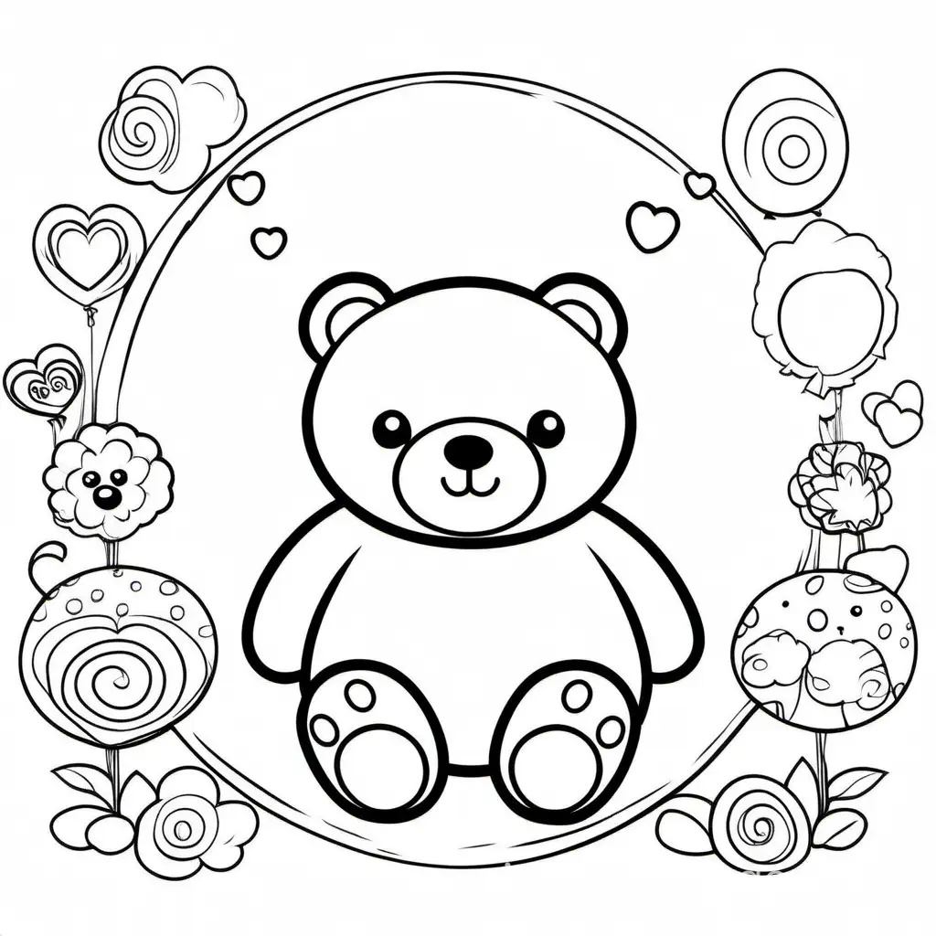 Kawaii Teddy Bear with plain white background, Coloring Page, black and white, line art, white background, Simplicity, Ample White Space. The background of the coloring page is plain white to make it easy for young children to color within the lines. The outlines of all the subjects are easy to distinguish, making it simple for kids to color without too much difficulty