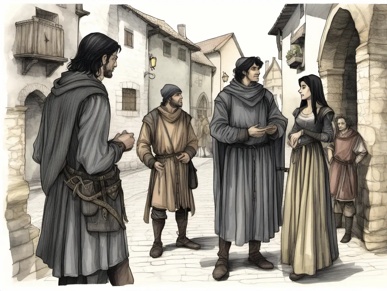 Medieval Commoner Engaging with Adventurers in a Quaint Town Setting