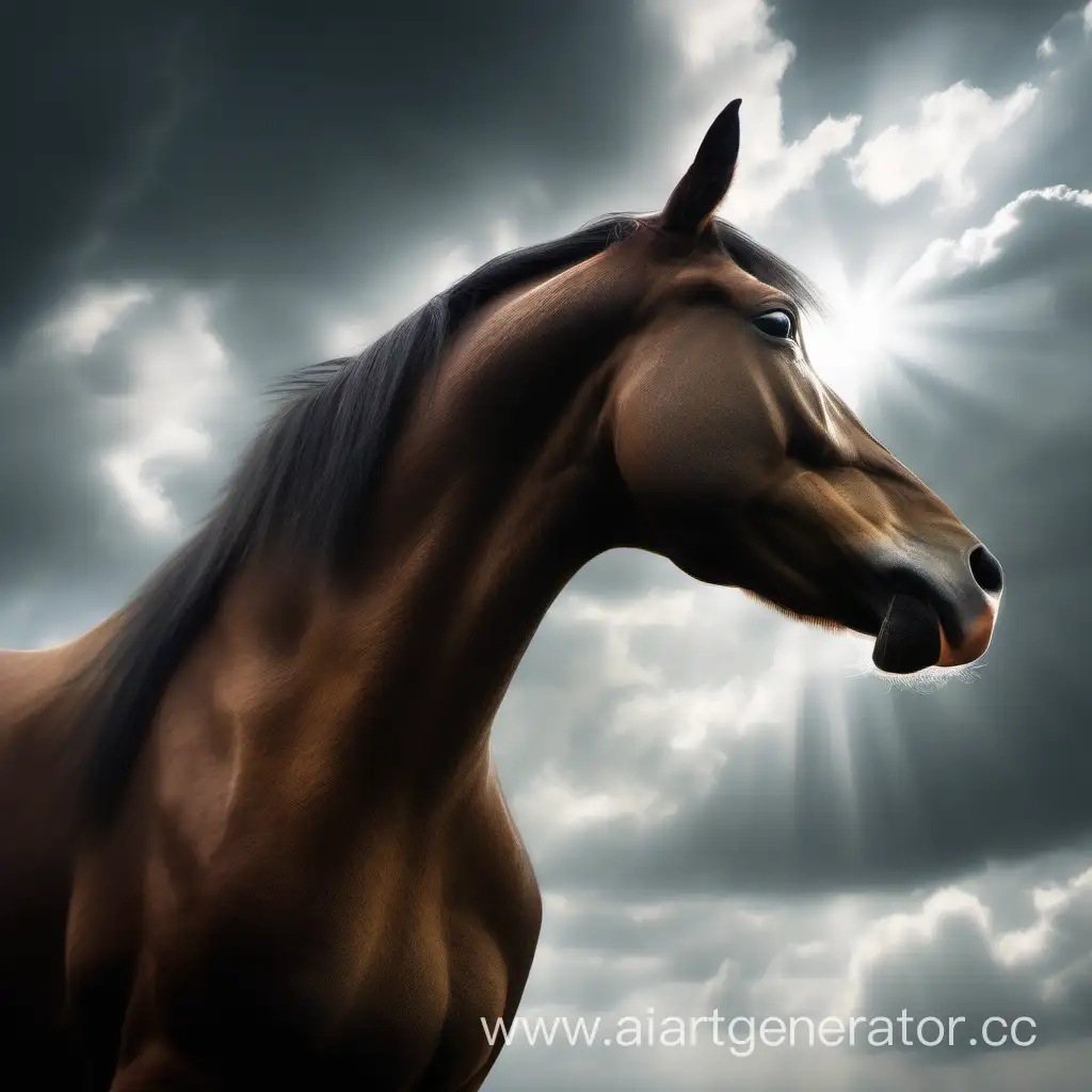 Melancholic-Horse-Portrait-with-Curved-Neck-and-Cloudy-Sky