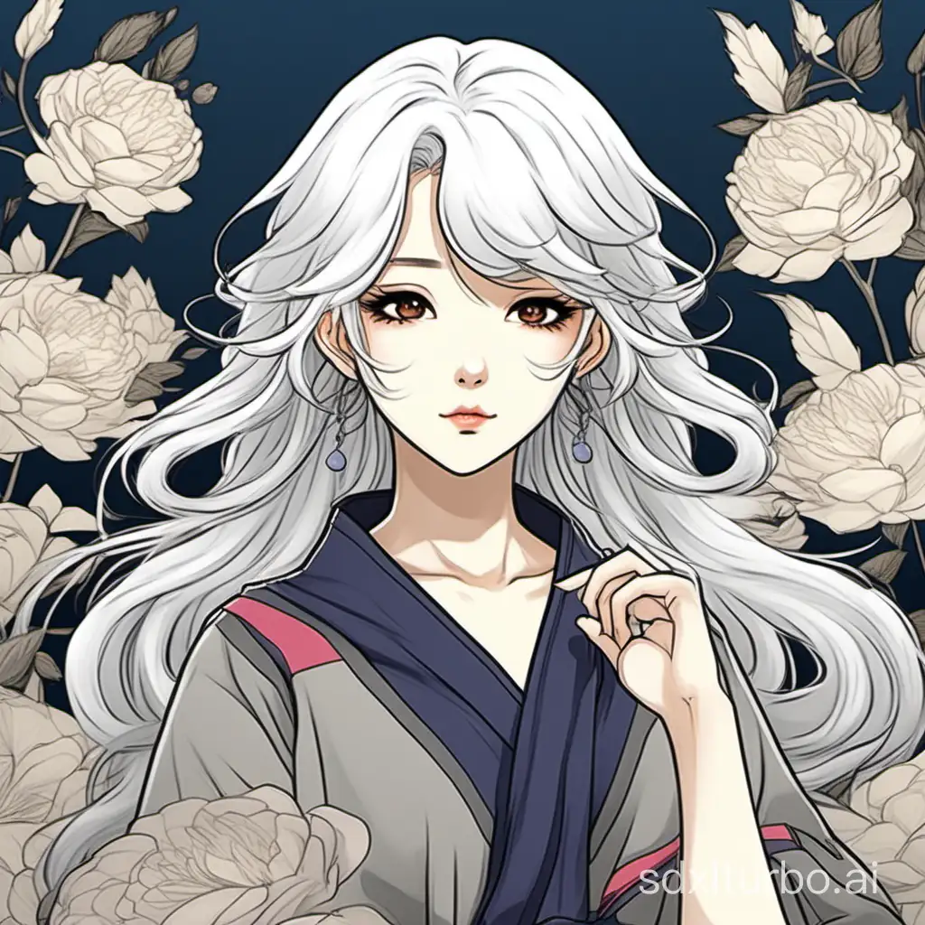 An 18-year-old woman with waist-length white hair, with only the ends curled, exhibiting a style reminiscent of Korean webtoon art. The background can be decorated with some flowers.