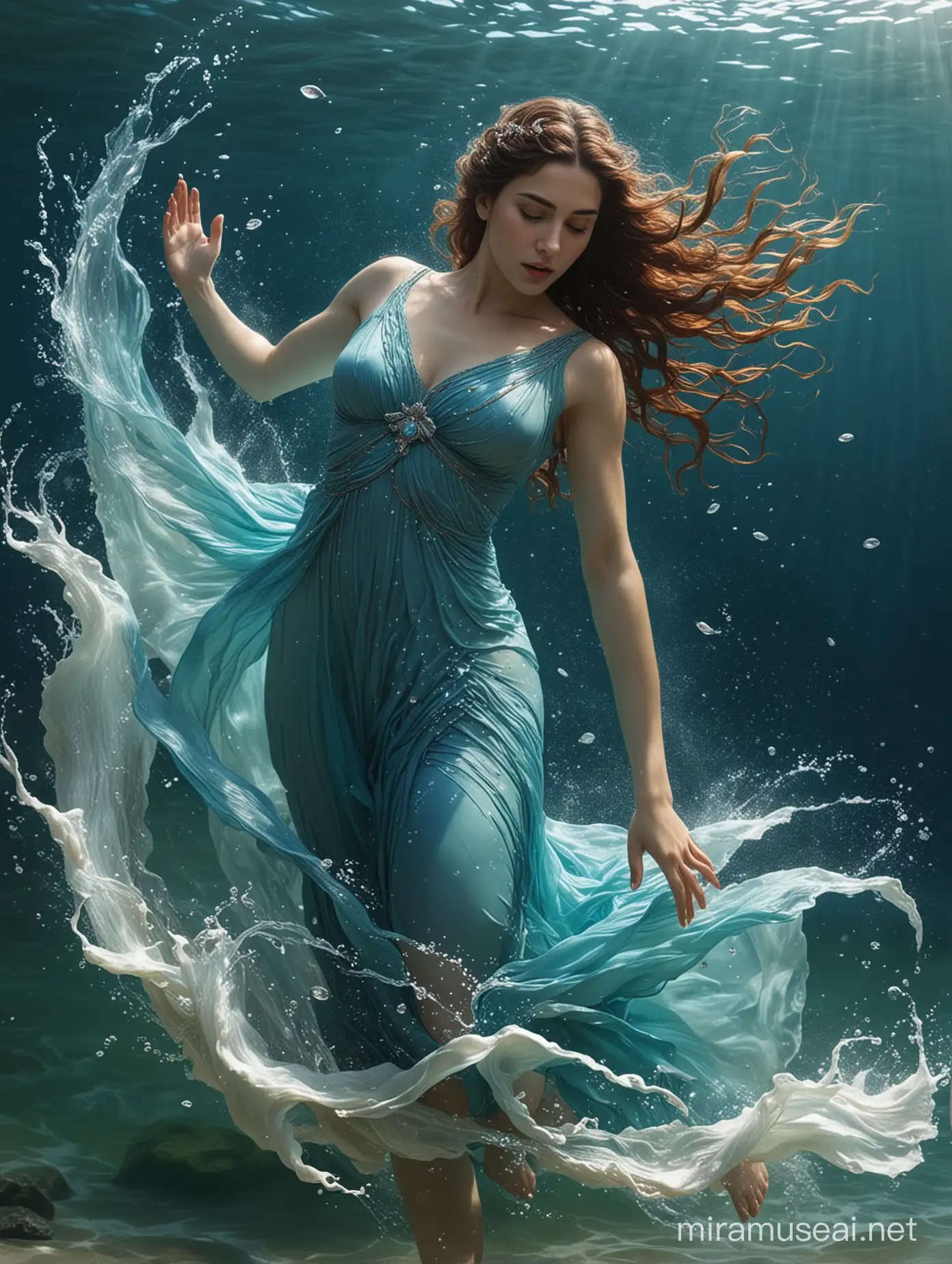 A masterpieced of Kimiya Hosseini as Leucothea, Greek goddess of the sea. She is under the sea, and her blue dress flows ethereally in the water until it mixes with the water until it disappears.