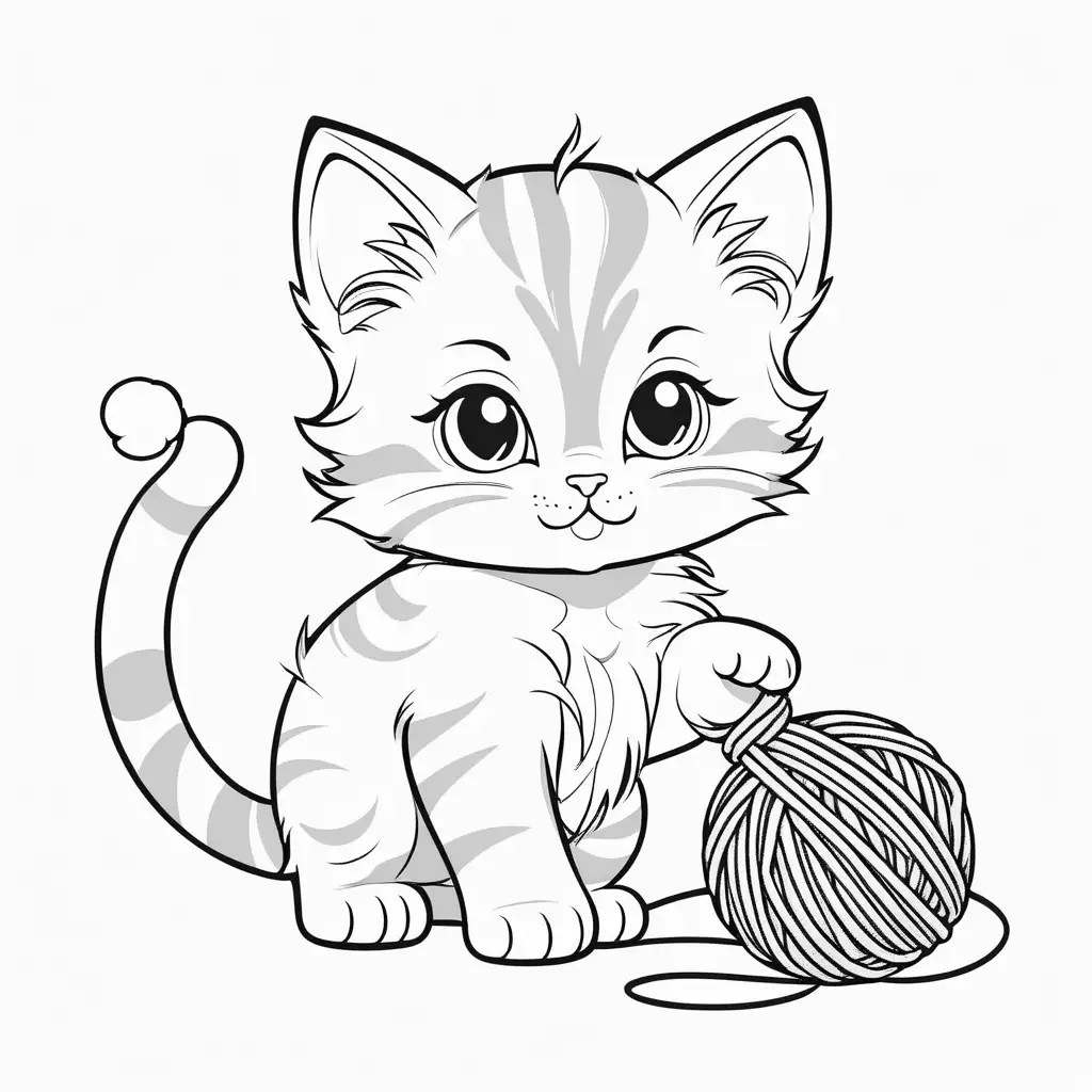create a very simple coloring page with A fluffy kitten playing with a ball of yarn 