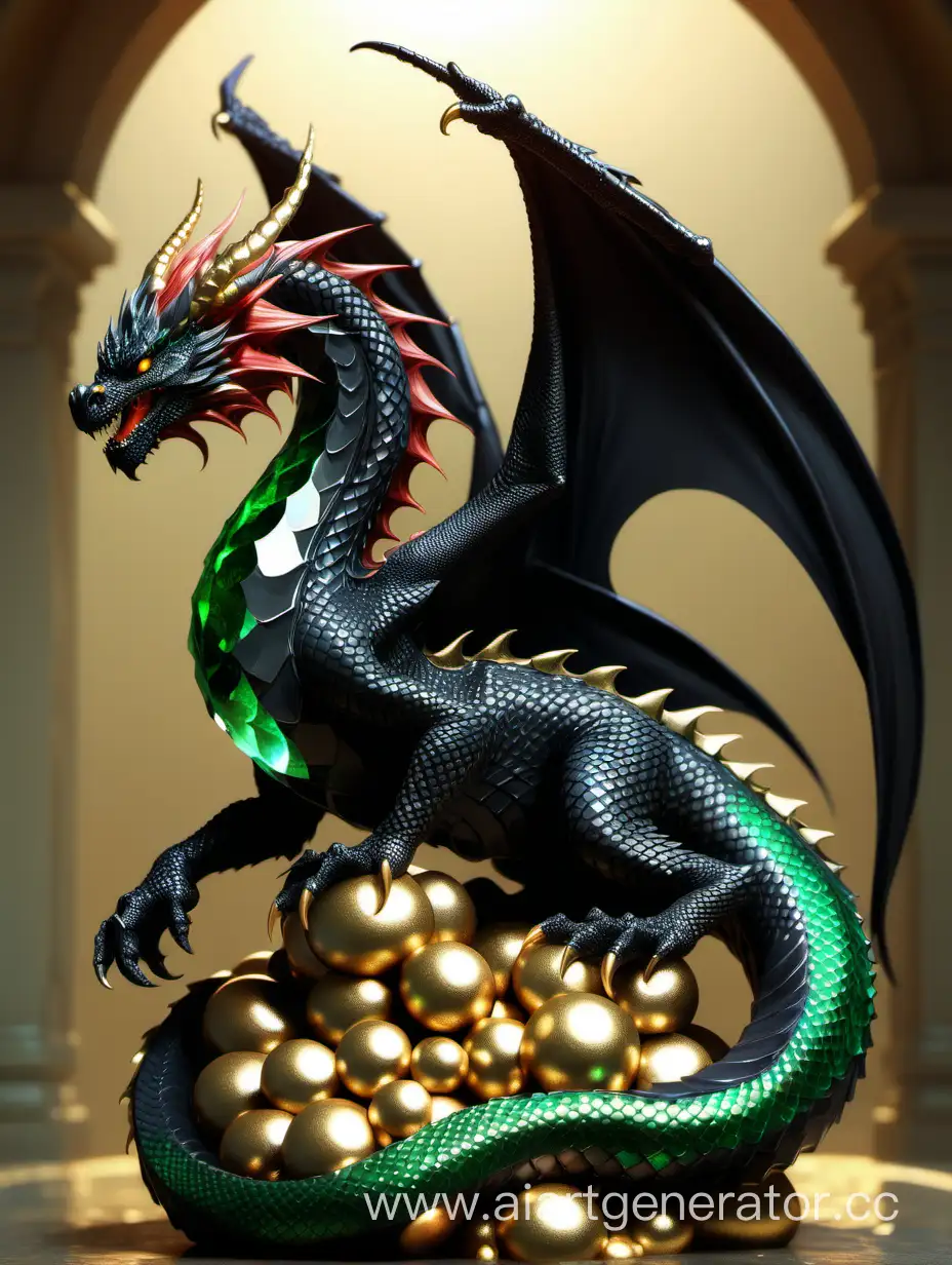 черный дракон с изумрудной чешуей, сидит на золоте, возле его ног красивая рыжеволосая большегрудая девушка