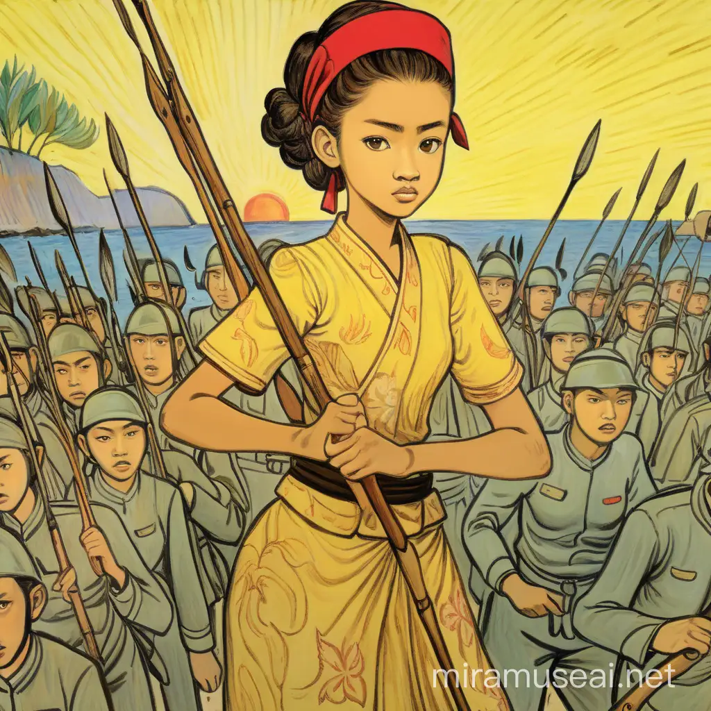 Drone view, Drawing of olive oil skinned Indonesian age 16 holding a spear, cute, wearing kebaya, her head has a red headband, leading her troops into battle, illustrating her role as a strategic military leader, her expression is assertive. The atmosphere is determined and brave. The setting is a tropical island. The sky is shades of pale red and yellow. Painting. landscape. Drawn by Van Gogh. Best quality.