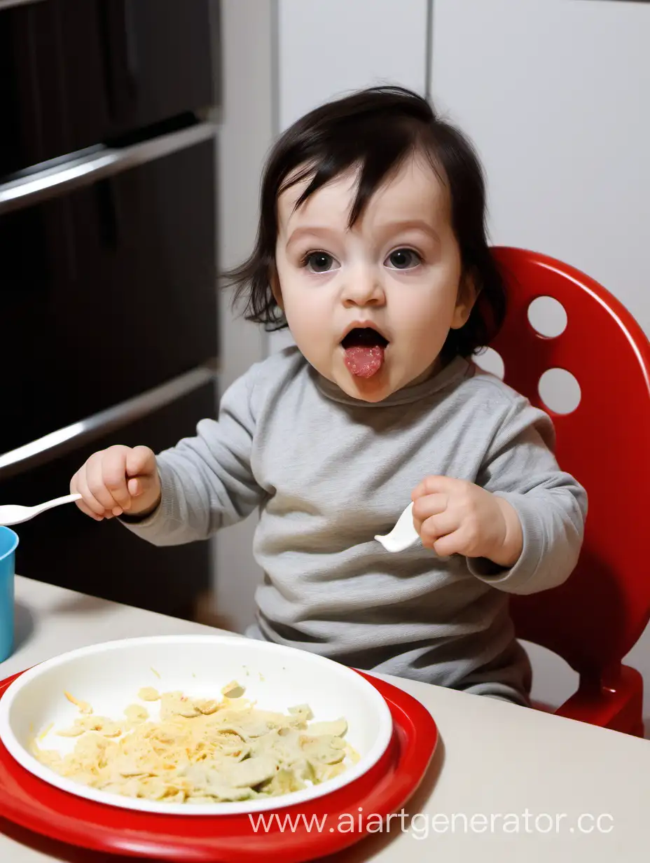 ребенок темноволосый 1 год, который кушает из детской посуды