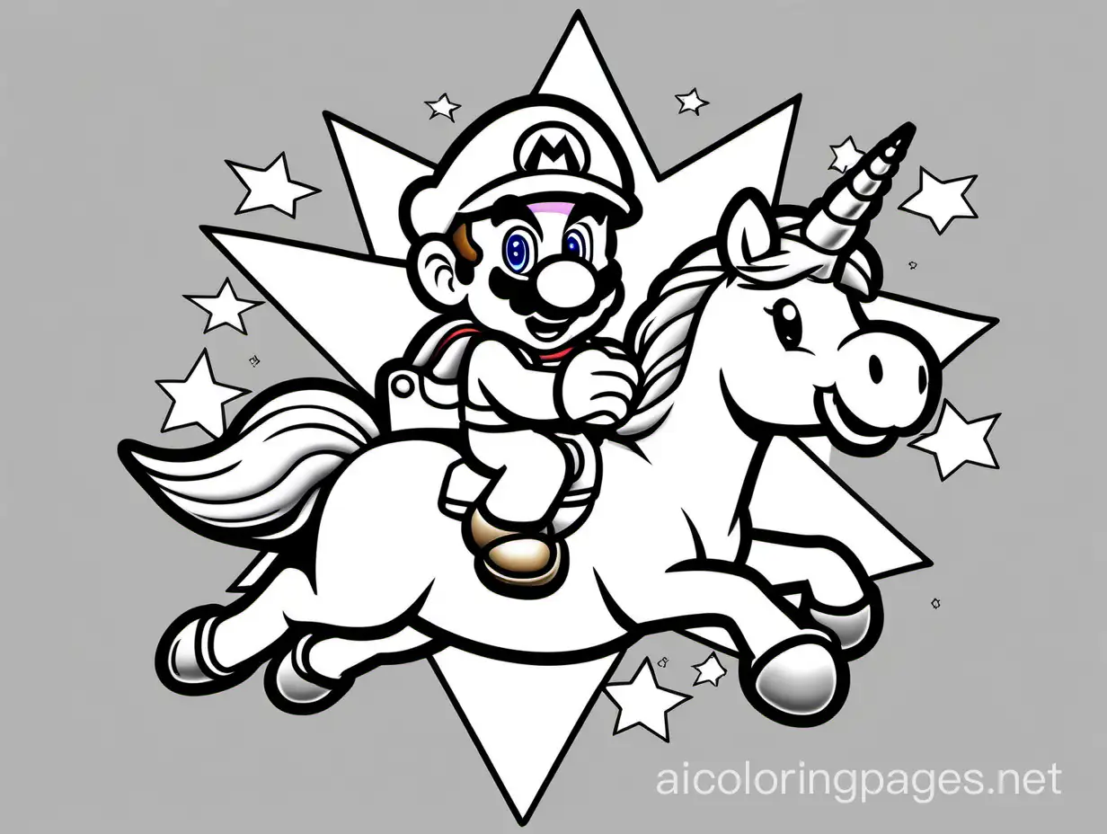 Super Mario riding unicorn star
, Coloring Page, black and white, line art, white background, Simplicity, Ample White Space. The background of the coloring page is plain white to make it easy for young children to color within the lines. The outlines of all the subjects are easy to distinguish, making it simple for kids to color without too much difficulty