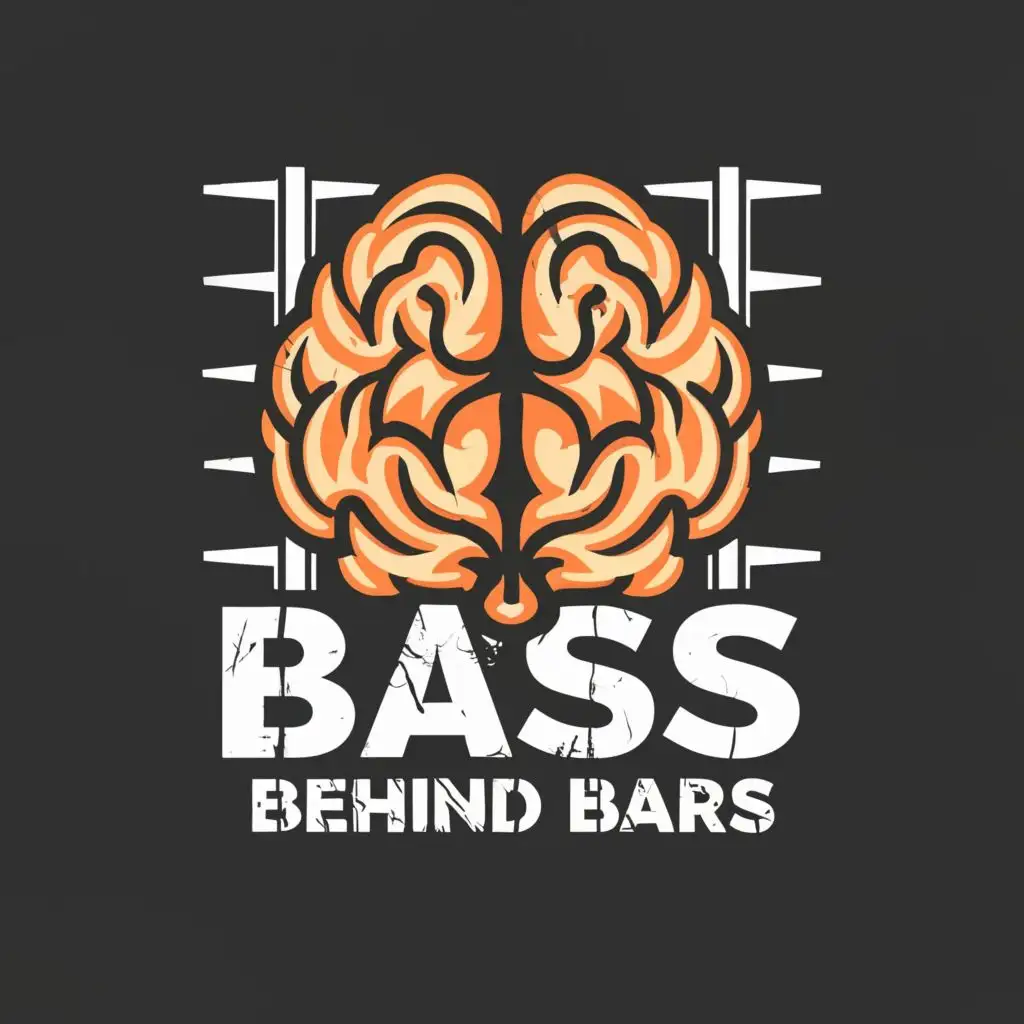 logo, brain, with the text "Bass Behind Bars", typography, be used in Entertainment industry in black and white futuristic