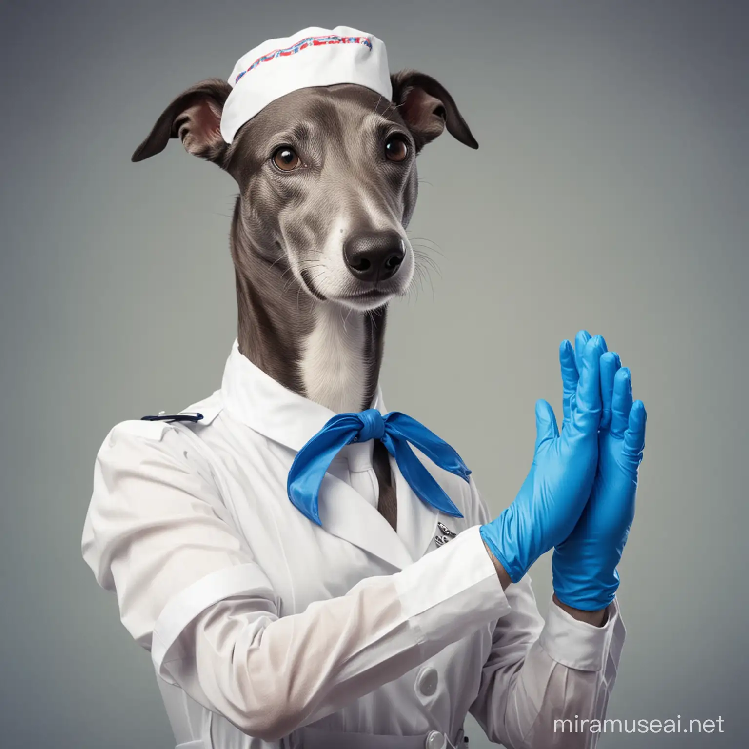 a greyhound dressed like a beautiful nurse putting on a blue plastic glove looking sexy, comic style