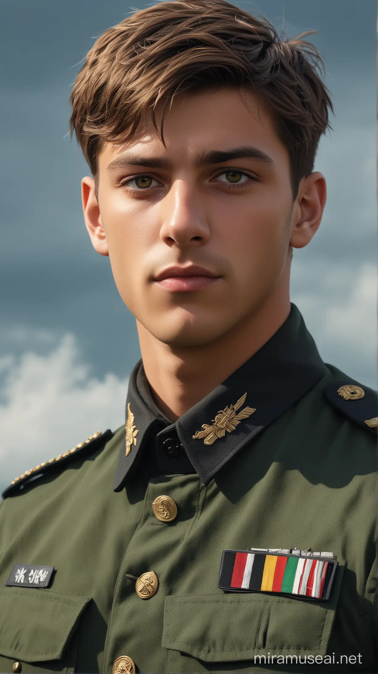 in a sea natural background there are prince Filippo is Germany 21-year-old with short brown  hair and brown eyes and muscled and
military uniform an navy of the Germany  dark green
uniform with camouflage military and prince face beautiful 8k re solution ultra-realistic