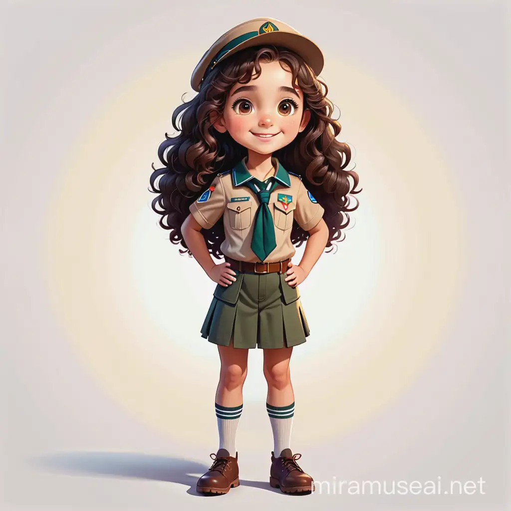 a happy female kid have 11 years old , have a  long curly brown  hair , big dark brown eyes, round face
 , light skin , scout uniform, show the full body of her. cartoon type .