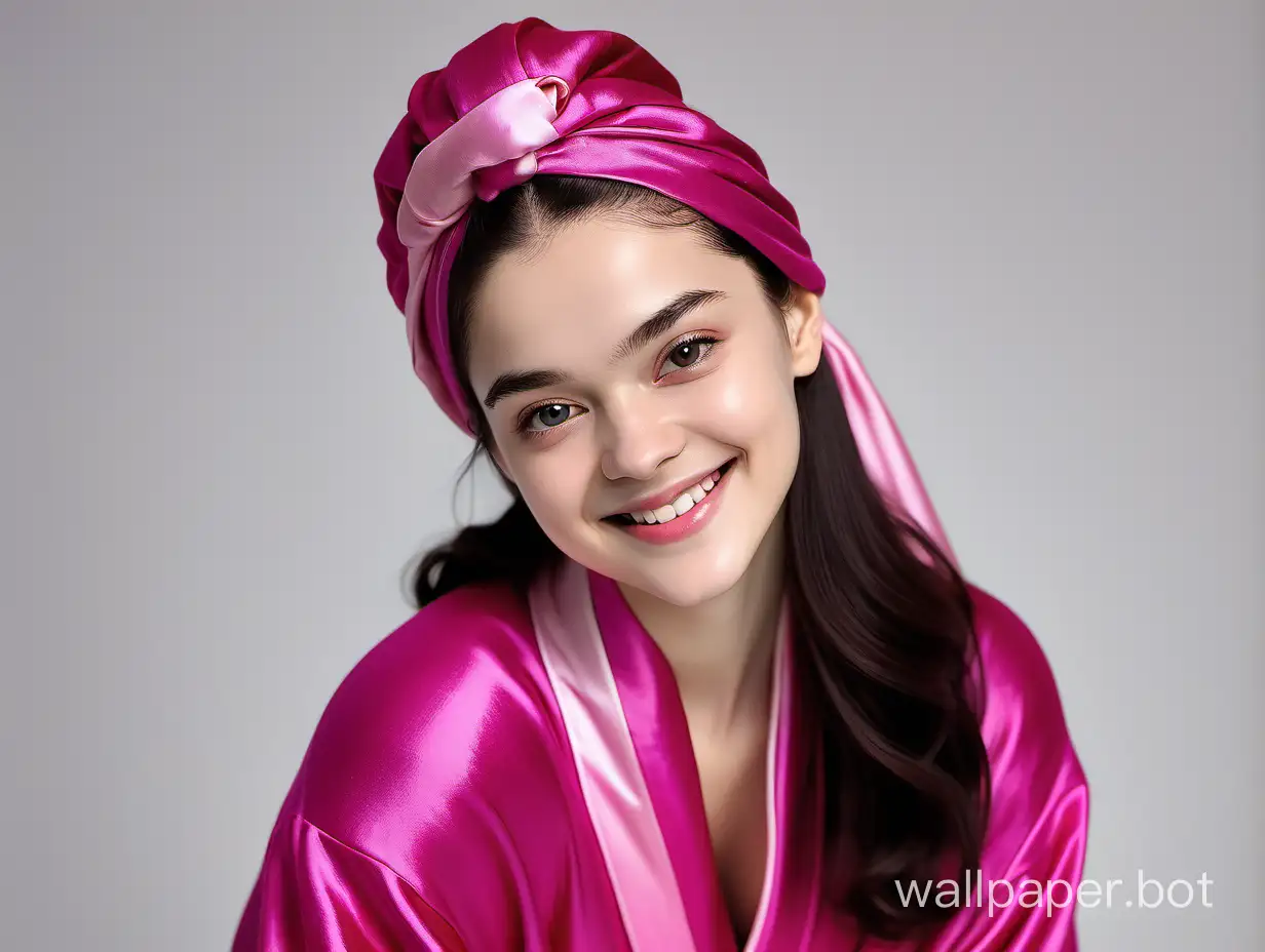 Yevgenia Medvedeva smiles beautifully with very long straight silky hair in a luxurious, delicate, silk robe of fuchsia color with a pink silk towel-turban on her head