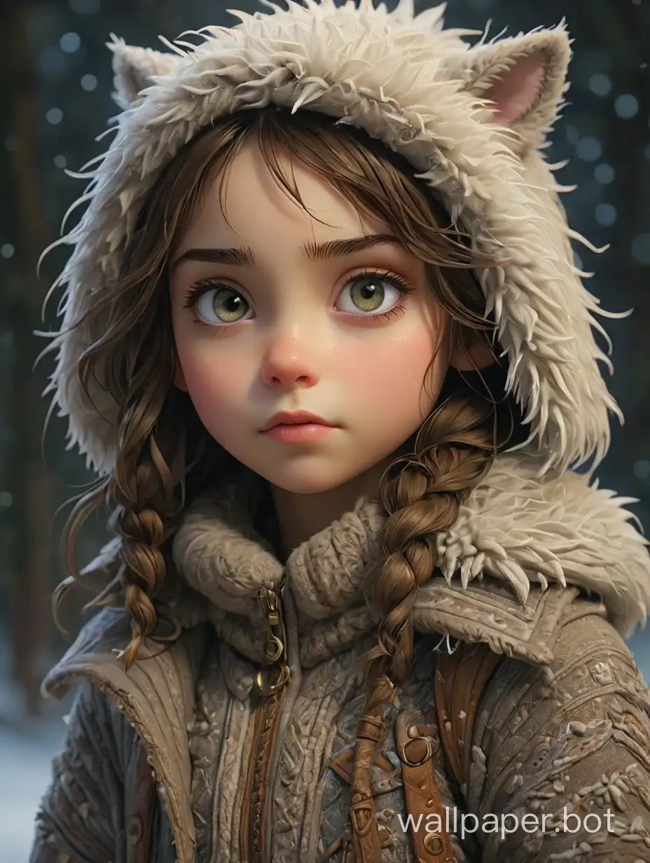 Girl with reflective wet eyes, smyile, wearing warm clothes, textile art, warm fabrics, intricate stitches, handmade clothing, fur boots, full length character, side lighting, sharpness, dynamic lighting, clear, sharp focus. 32k, styled by Mark Ryden, Alessio Albi, artistic intricate scenery, intricate details.