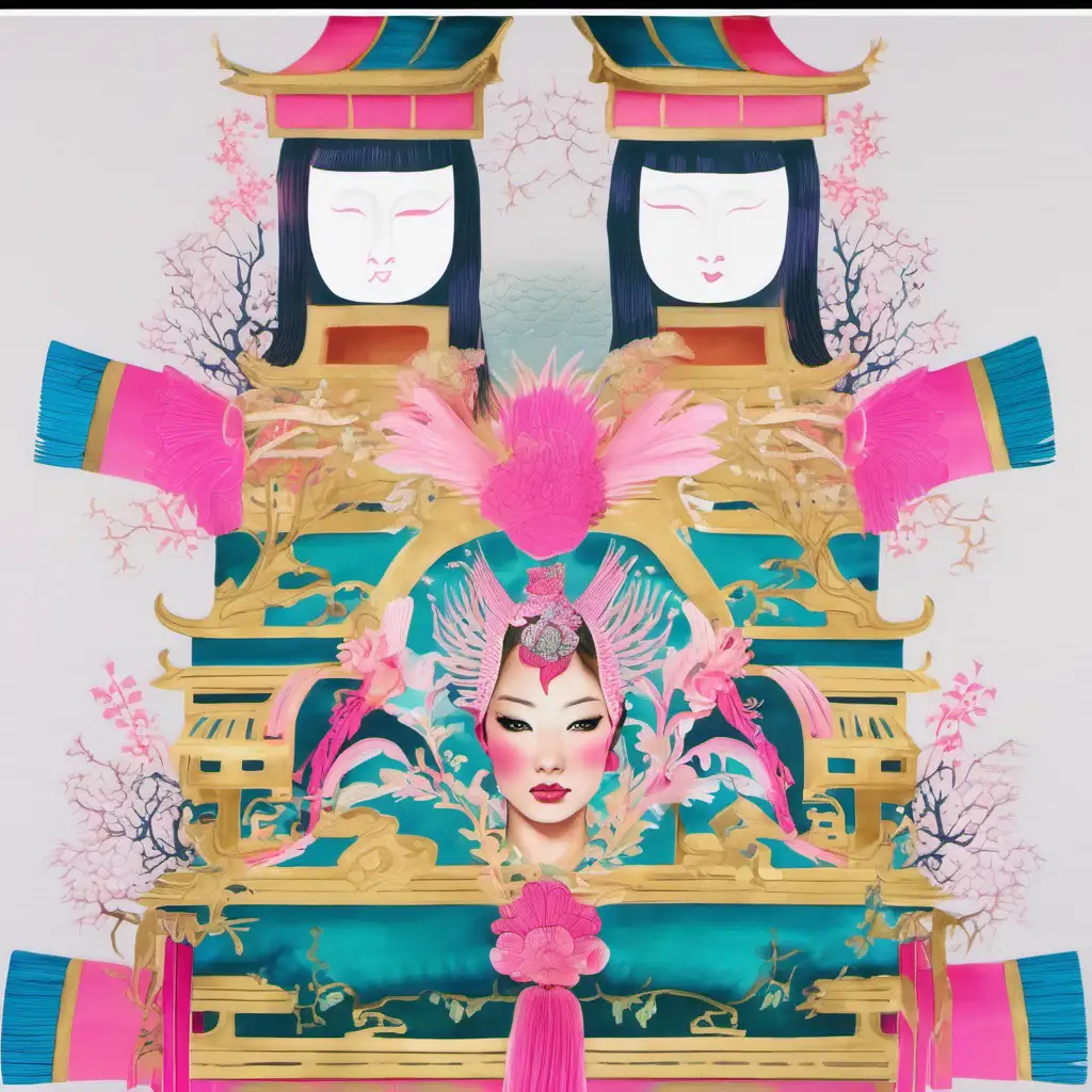 Lady with Pink angel Fish chinoiserie pagoda headdress