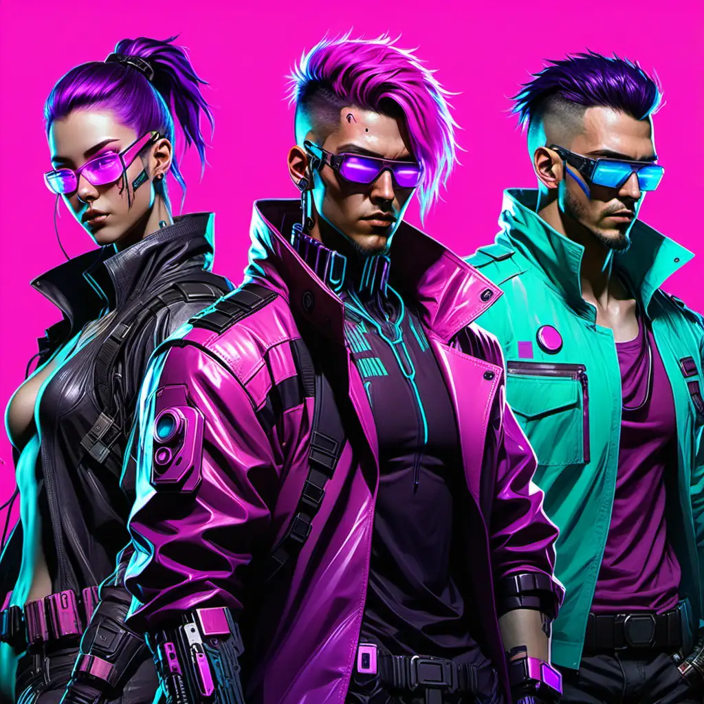 Futuristic Cyberpunk Scene with Vibrant Purple Pink and Cyan Themed Male Characters