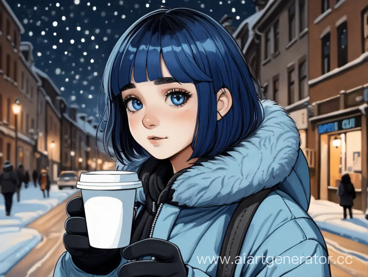 невысокая девушка с чёрно-синими волосами, средней длины, стоит на улице в зимнюю ночь и держит кружку кофе