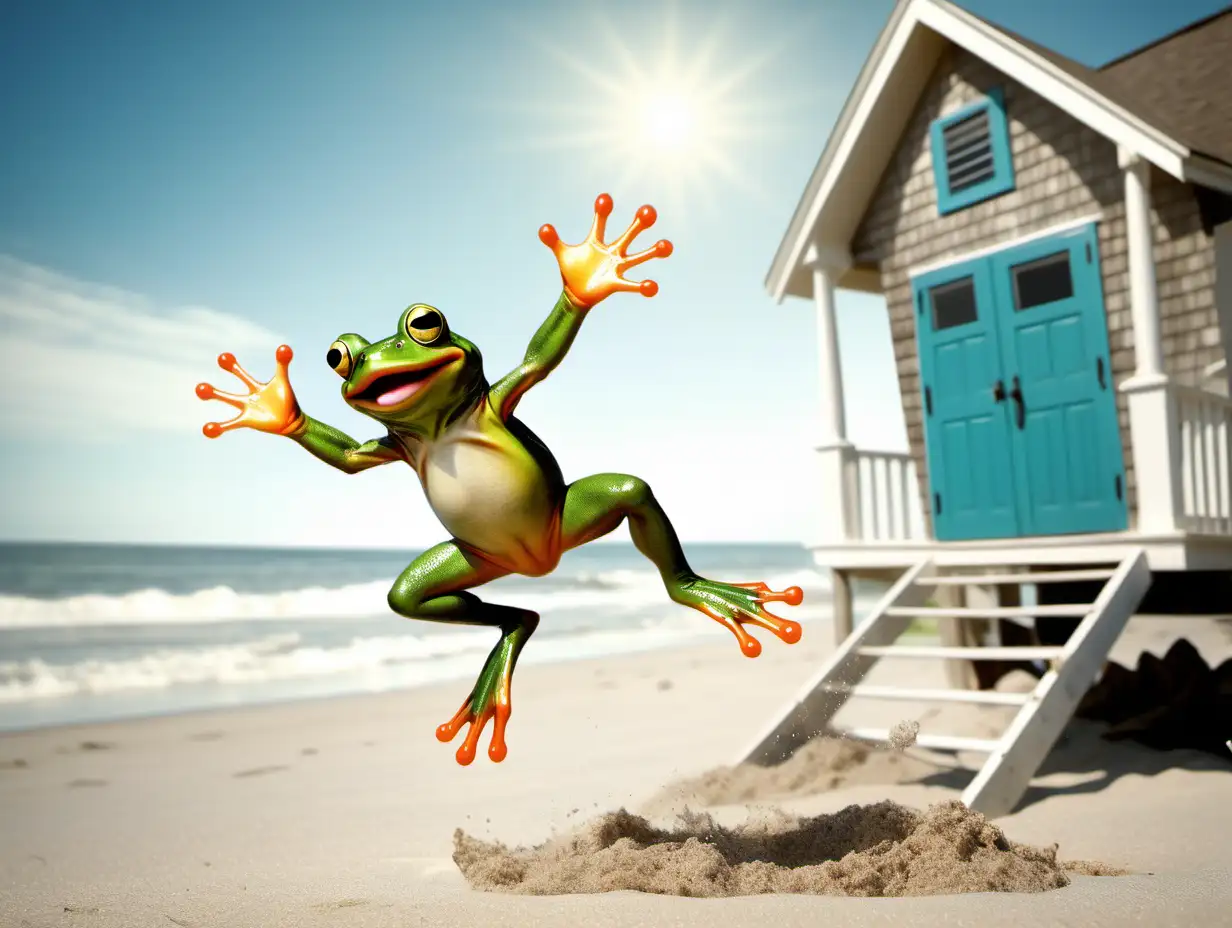 happy leaping frog jumping over a beach house